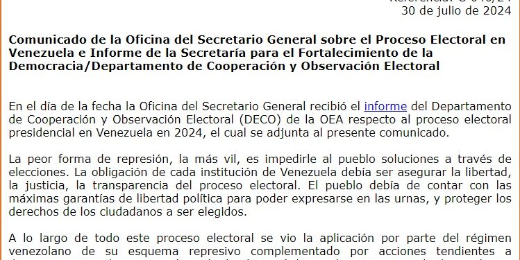Comunicado oficial de la OEA sobre elecciones en Venezuela