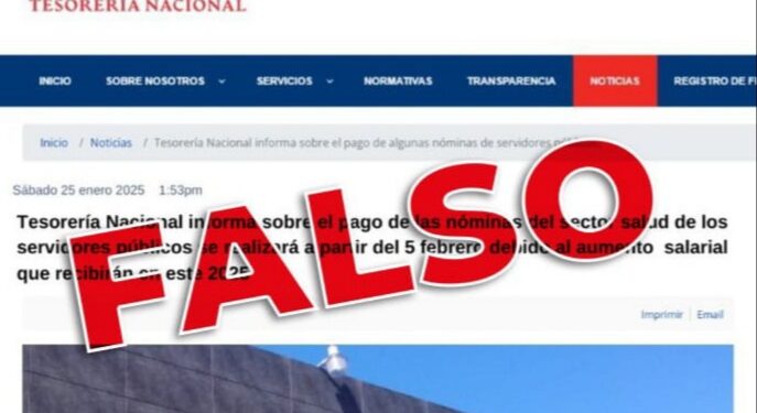 Tesorería Nacional informa es falsa información puesta a circular en redes sociales sobre supuestos pagos a realizarse a médicos para el 5 de febrero