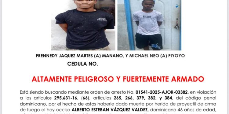 Policía Nacional activa búsqueda de ”Manano” y “Piyoyo”, por estar implicados en homicidio por arma de fuego en San Cristóbal
