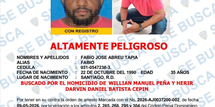 Buscan activamente a hombre acusado de homicidio y tentativa de homicidio en Santiago